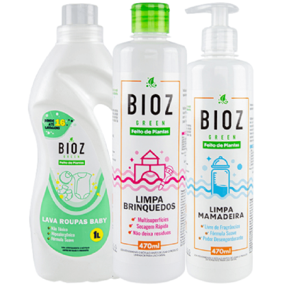 Kit Bebê 3 - Lava Roupas Baby 1L + Limpa Mamadeira + Limpa Brinquedos - Bioz Green
