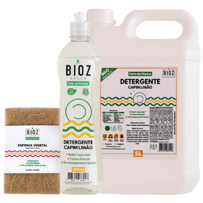 Kit Cozinha 2 - Detergente Capim Limão 5L + Detergente Capim Limão 470ml + Esponja de Coco