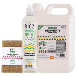 Kit Cozinha 2 - Detergente Capim Limão 5L + Detergente Capim Limão 470ml + Esponja de Coco