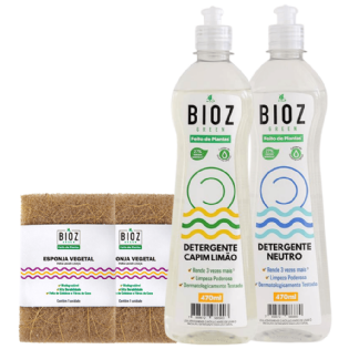 Kit Cozinha 3 - Detergente Neutro 470ml + Detergente Capim Limão 470ml + 2 Esponja de Coco Biodegradável